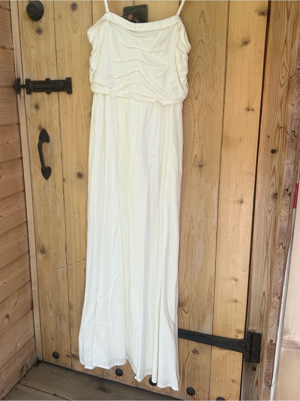 Mable-Cream Linen Rouches Maxi Dress Smocked Cottage-core Sundress Size Medium